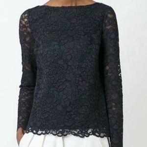 Tory Burch Black Lace Blouse Size 4 Long Sleeve Scalloped Hem Gold Button Cuffs